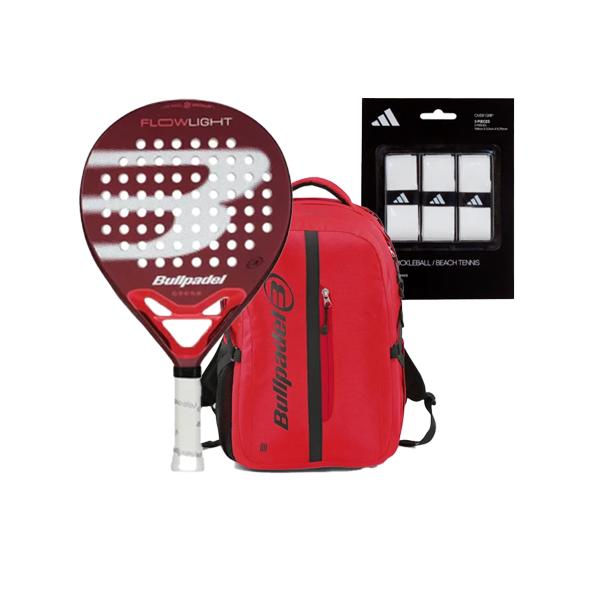 PACK Pala Bullpadel Flow Light 2025 + Mochila Bullpadel BPM - 25022 xPLO + Overgrips Adidas Blancos (3)